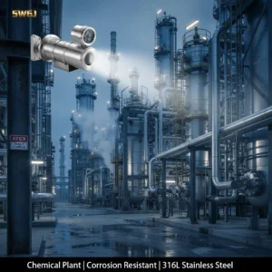 An industrial-grade explosion-proof camera is installed in a chemical plant at dusk, with a backdrop of complex pipelines and refining towers.