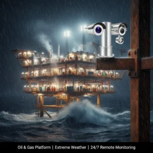 A stainless steel industrial surveillance camera is mounted on a bracket, with the background being a brightly lit offshore oil drilling platform during a stormy night.