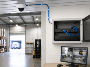 PoE IP camera, Ethernet cable and network switch in a warehouse